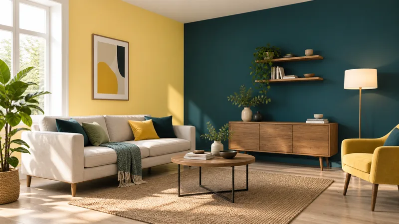Sala conceptual amb parets de color groc i blau petroli