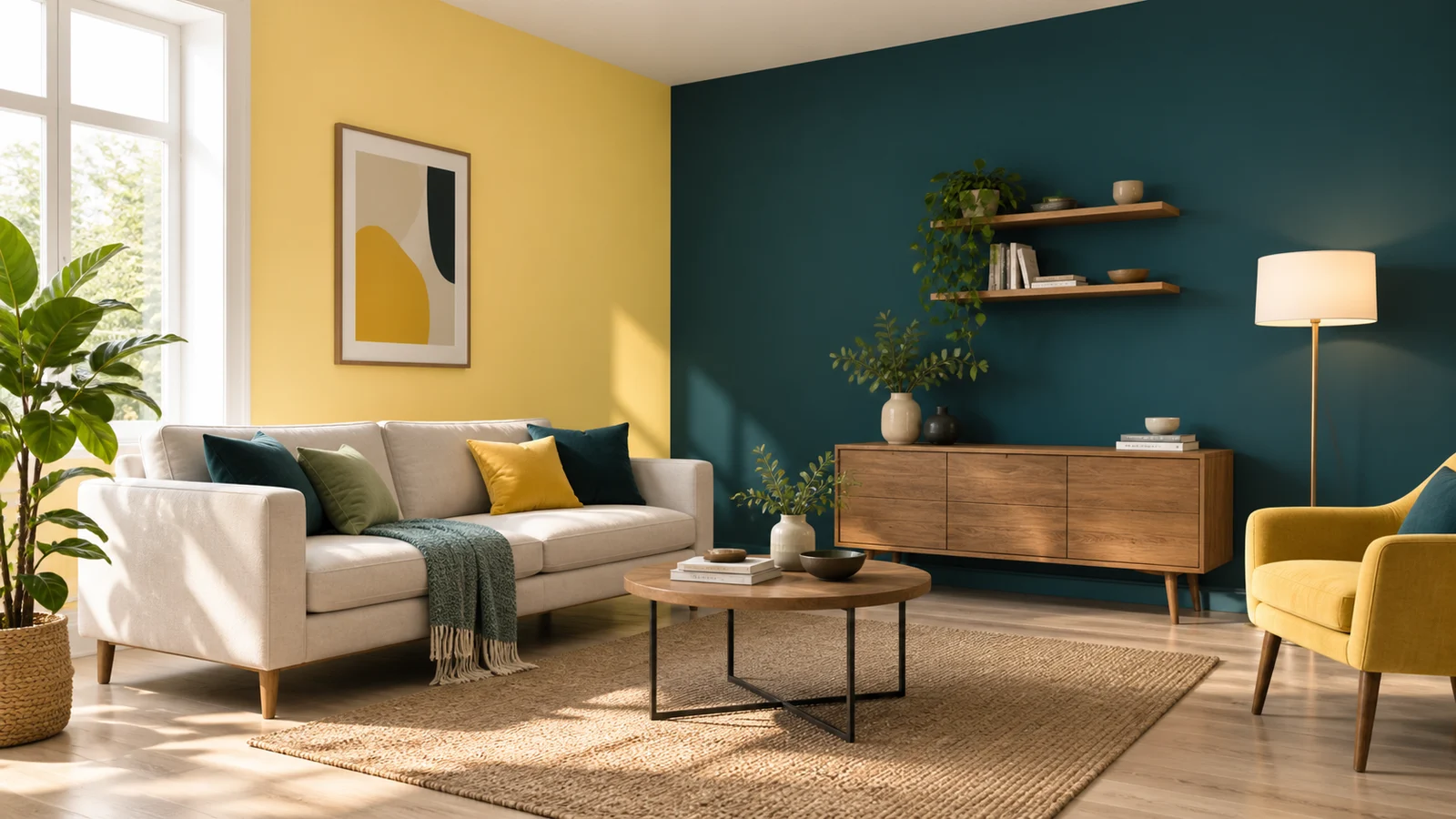 Sala conceptual amb parets de color groc i blau petroli