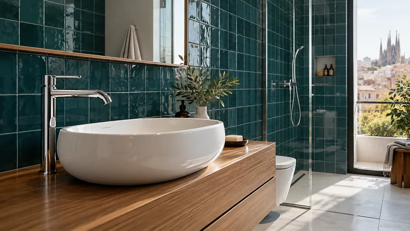 Bany conceptual amb rajoles blau petroli i lavabo blanc